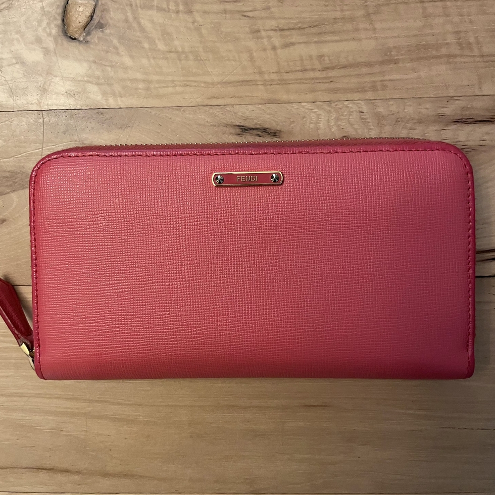 Authentic Fendi Coral Saffiano Leather Zip Around Wallet w/ COA